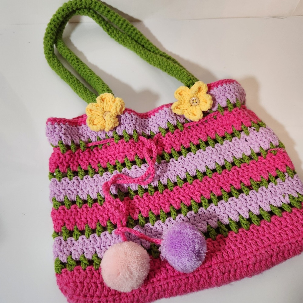 Handmade Crochet Tote Bag Pink Purple Green Striped Floral Pom Pom Drawstring